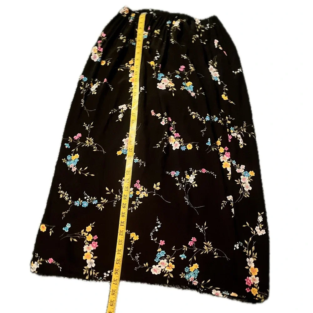 Vintage 90s Black Floral Elastic Maxi Skirt Boho Sprig Print Sz M Western Prarie